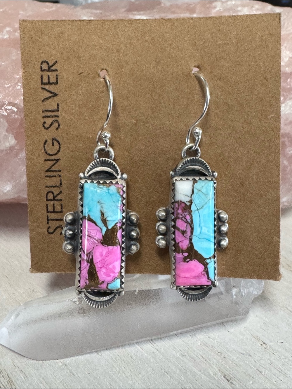 Kingman Cotton Candy Turquoise Dahlia Sterling Silver Dangle Earrings